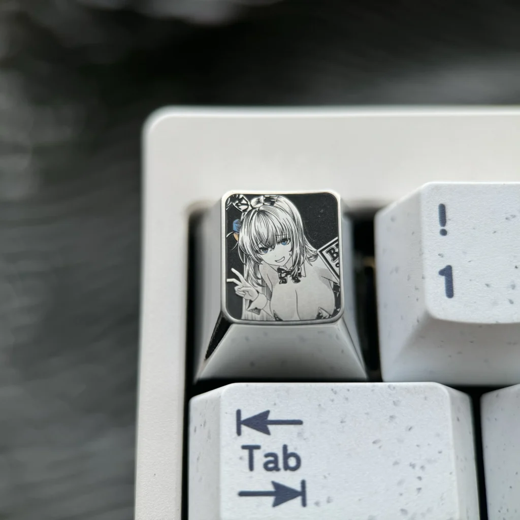 Premium Bocchi the Rock!: Hitori Gotoh Titanium Keycap pointillism character art on polished silver titanium ESC keycap.