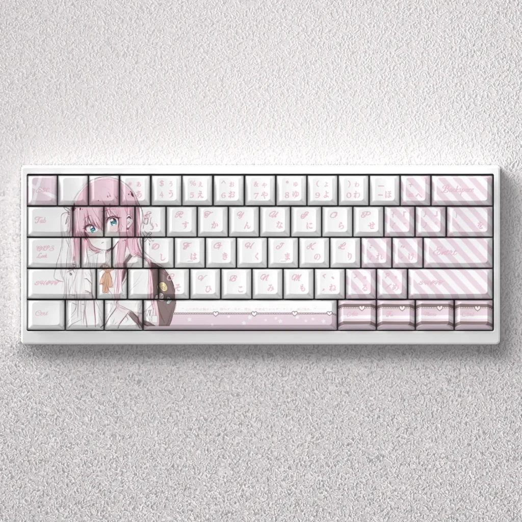 Vibrant Bocchi the Rock! PBT dye-sub keycaps set showcased, featuring exclusive anime character art and signature colors for a playful keyboard.