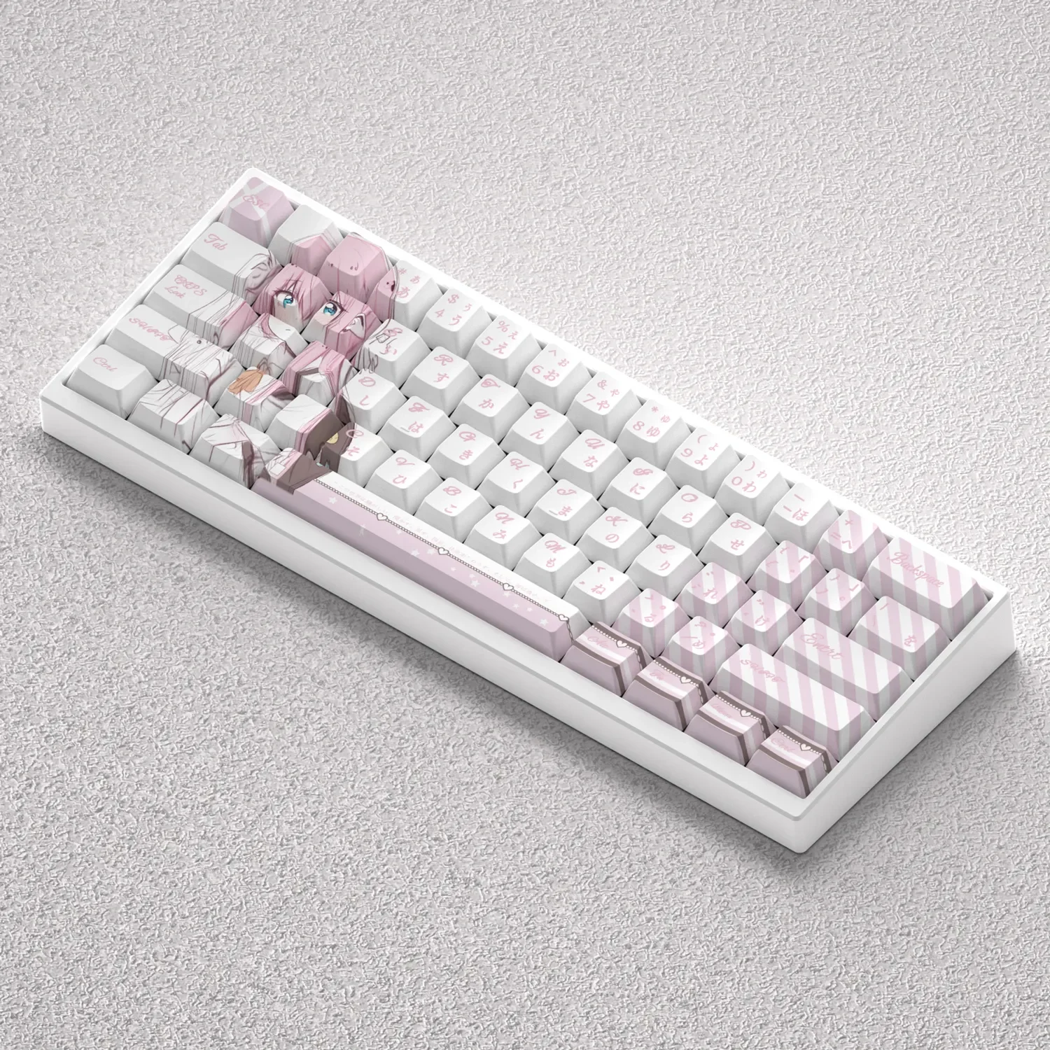 Exclusive Bocchi the Rock! PBT dye-sub keycap set. Vibrant anime art and signature colors from different angles, showcasing the shy rockstar.