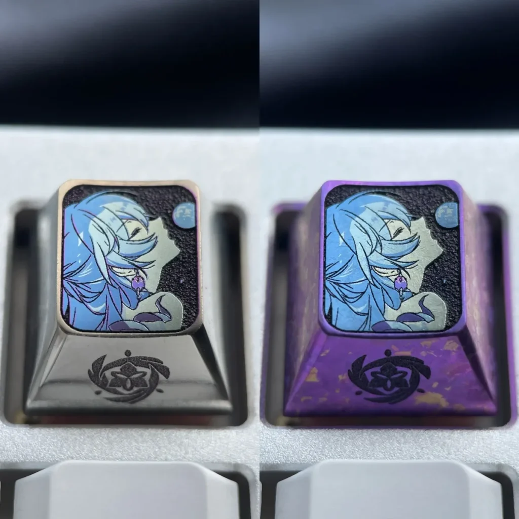 Vibrant purple anodized titanium Bronya keycap showcasing premium Honkai character design with a sleek metallic finish.