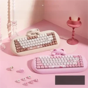 Adorable C68 Cat Mechanical Keyboard featuring its whimsical feline design, soft warm tones, and charming details for a delightful setup.