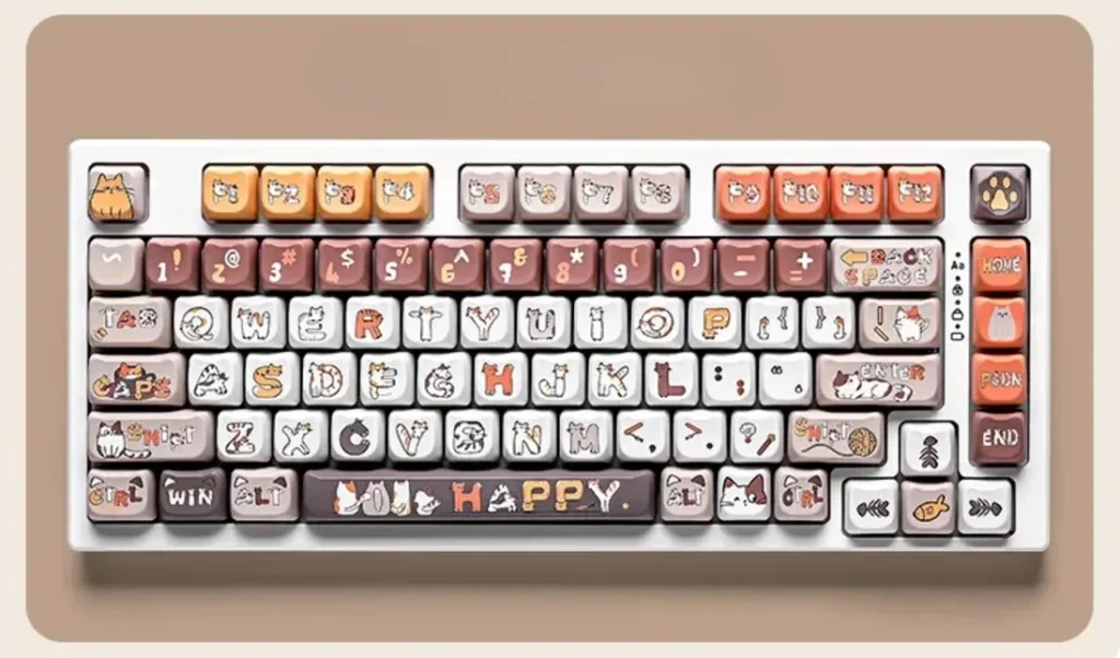 Adorable Calico Cat PBT dye-sub keycaps set, showcasing the full vibrant collection of playful feline illustrations for custom mechanical keyboards.
