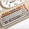 A gallery of vibrant PBT dye-sub calico cat keycaps set, highlighting adorable designs and durable quality from multiple angles for custom mechanical.