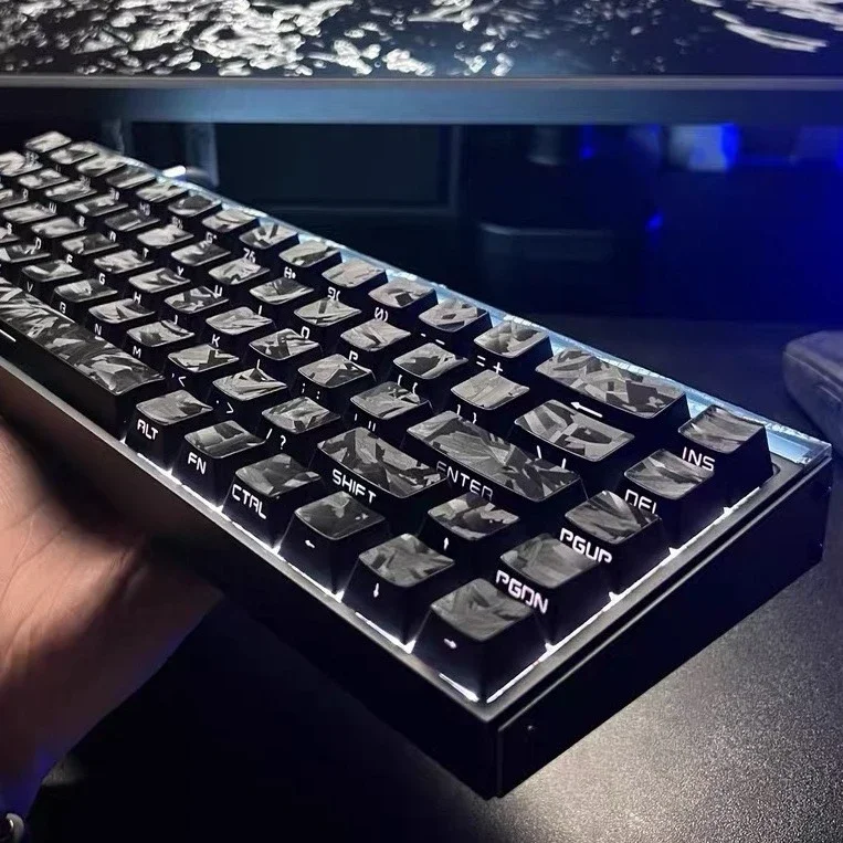 Premium Forged Black Carbon Fiber Side-Print Keycap Set gallery, revealing the sleek matte texture and clean side legends from various angles.