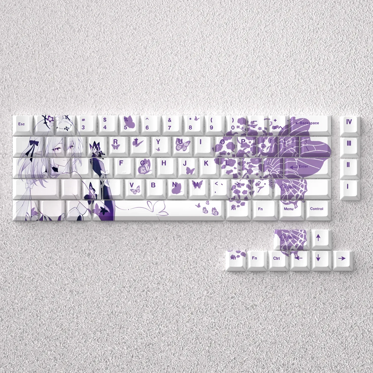 Stunning Honkai: Star Rail: Castorice Cherry Keycap Set displaying ethereal butterfly art, crafted from durable PBT with intricate five-sided dye-sublimation and pastel gradients.