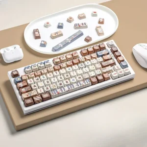 Whimsical cat keycap set: durable PBT dye-sublimated set showcasing charming feline musicians performing a vibrant, harmonious desktop concert.