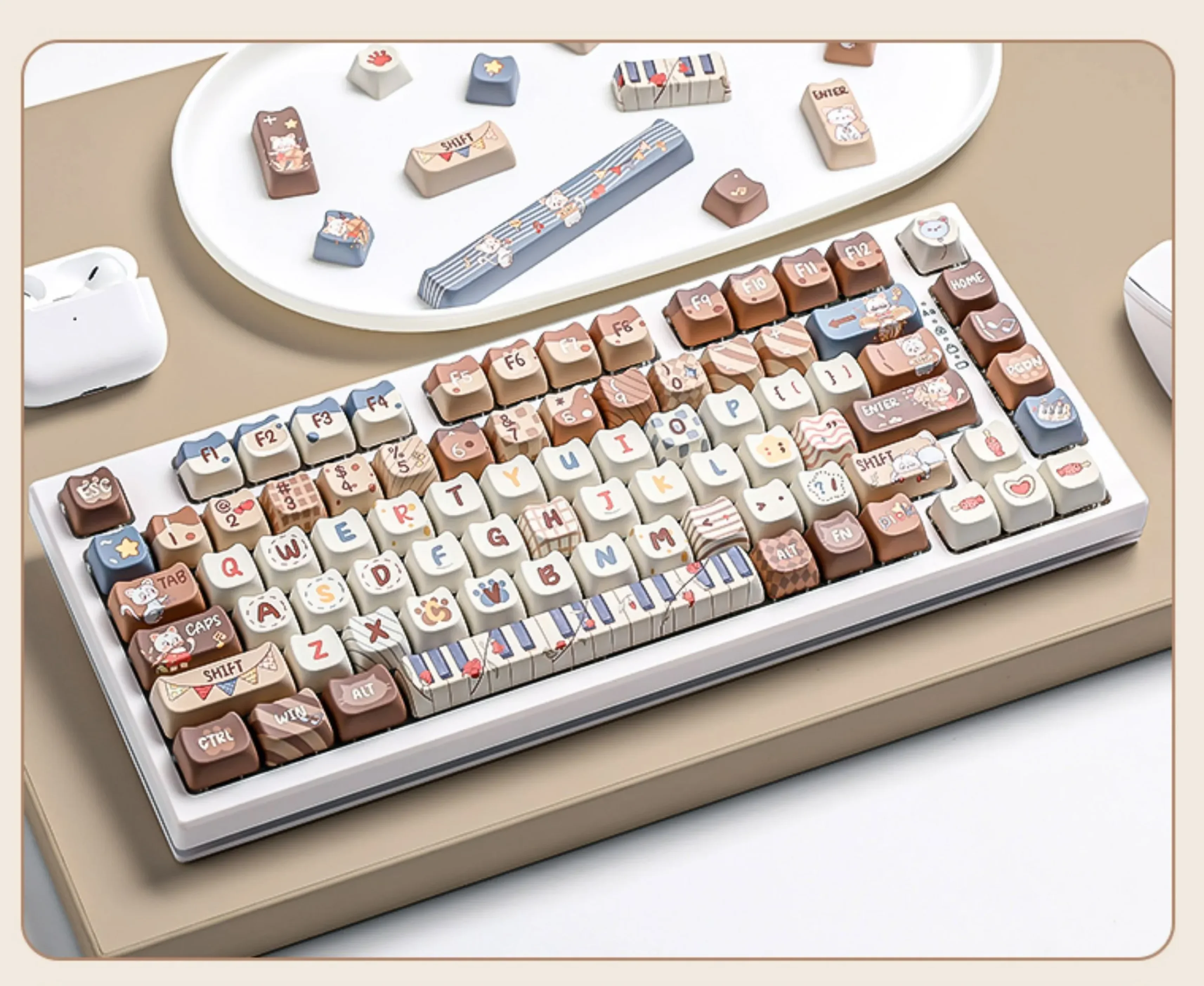 This collection of durable PBT dye-sublimated whimsical cat musician keycaps set showcases the vibrant feline concert from multiple engaging angles.