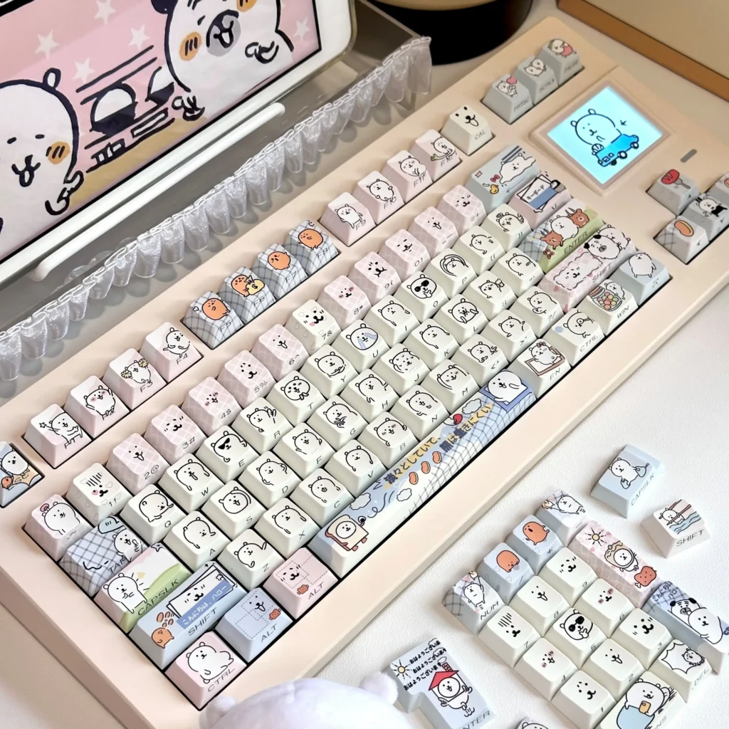 Distinctive translucent Joke Bear Keycap Set for mechanical keyboards, featuring whimsical side-engraved characters glowing subtly.