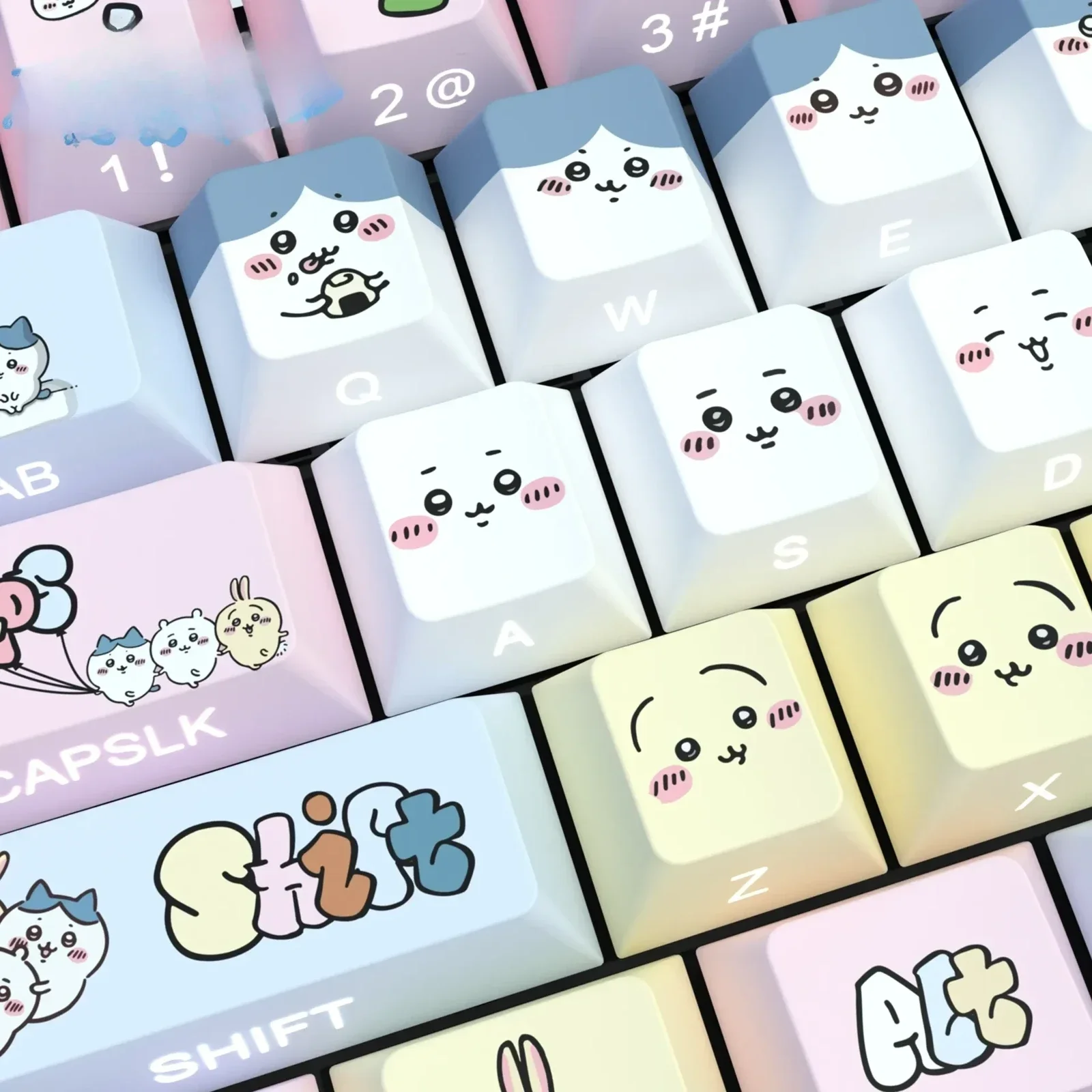 Complete set of adorable Chiikawa side-printed PBT backlit keycaps set, revealing charming pastel characters and whimsical luminous legends.