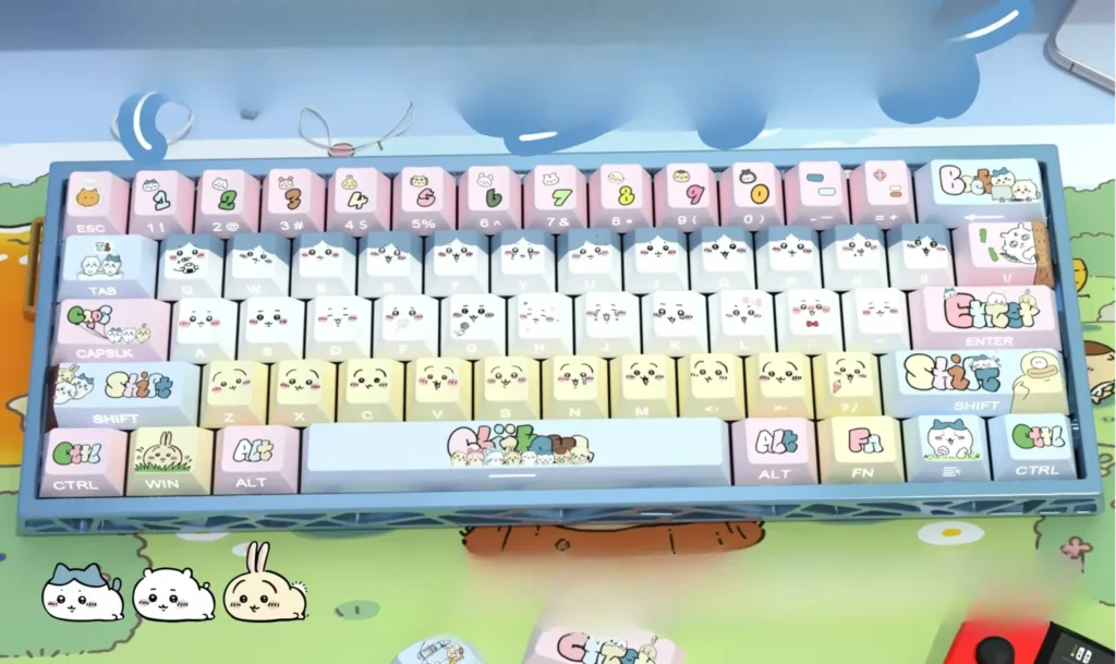Adorable Chiikawa PBT keycaps set featuring charming, whimsical side-printed legends in pastel hues, perfect for backlit mechanical keyboards.
