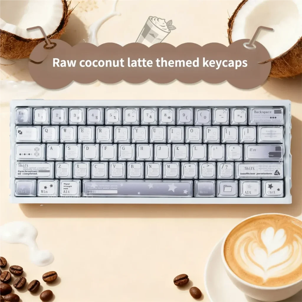 Artistic Coconut Latte Keycaps set with soft creams, warm browns, and greens. Durable dye-sub PBT delivers a refreshing, cozy aesthetic.