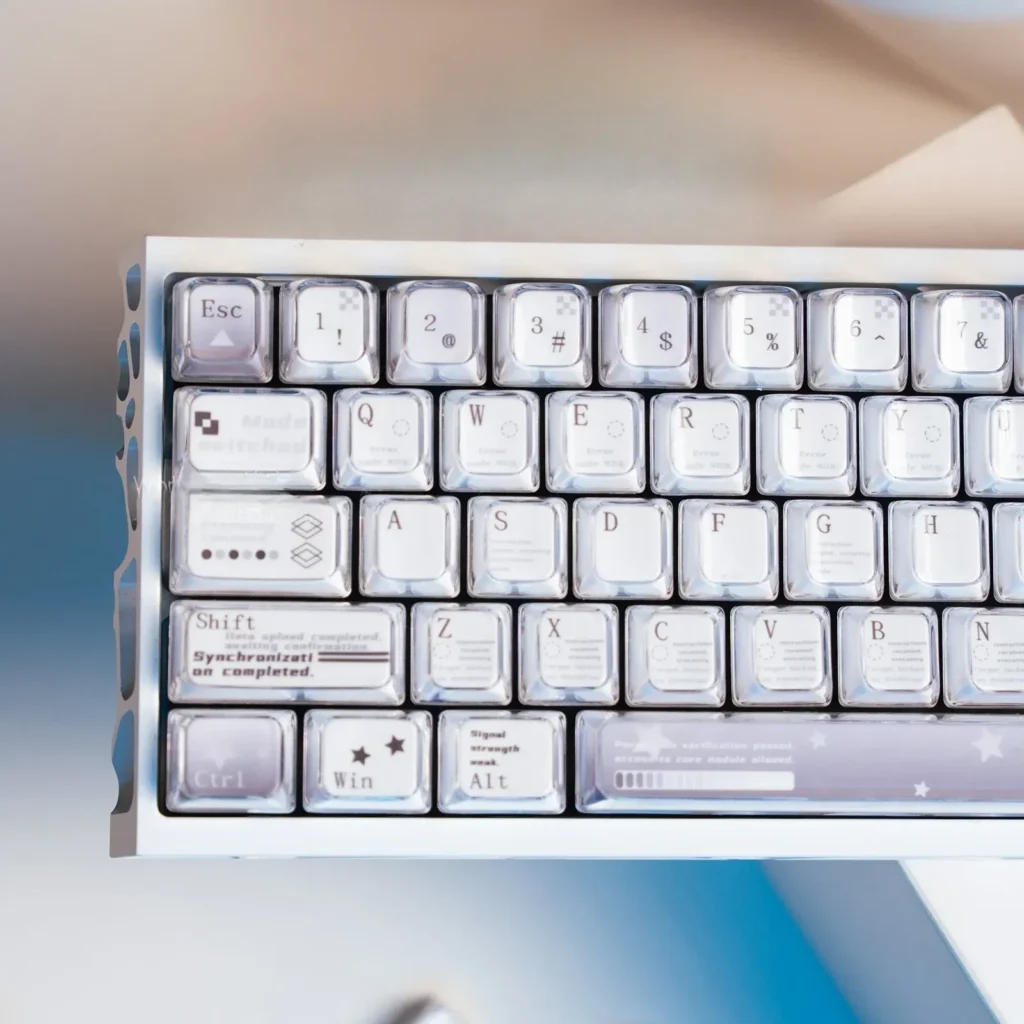Artistic close-ups of Coconut Latte Keycaps Set, highlighting their durable dye-sub PBT and refreshing soft cream, warm brown, green tones.