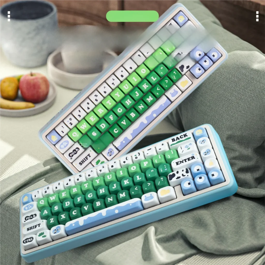 Whimsical Cow Farm PBT Keycaps Set, dye-sub, showcasing adorable cow patterns and rustic farm elements for custom mechanical keyboards.