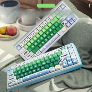 Whimsical Cow Farm PBT Keycaps Set, dye-sub, showcasing adorable cow patterns and rustic farm elements for custom mechanical keyboards.