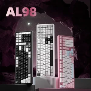 Sleek black AL98 Triple-Mode Hot-Swappable Custom Mechanical Keyboard featuring vibrant RGB lighting, ready for personalized performance and premium.