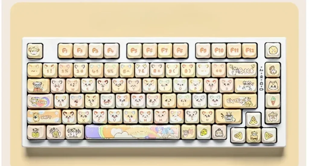 Cute mouse keycaps set showcasing adorable chubby MAO mice and whimsical details in vibrant dye-sublimation PBT, perfect for mechanical keyboards.