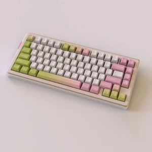 A collection of vibrant Mitsuri Kanroji PBT dye-sub Demon Slayer keycap set, showcasing intricate artistry and pastel hues from multiple angles.