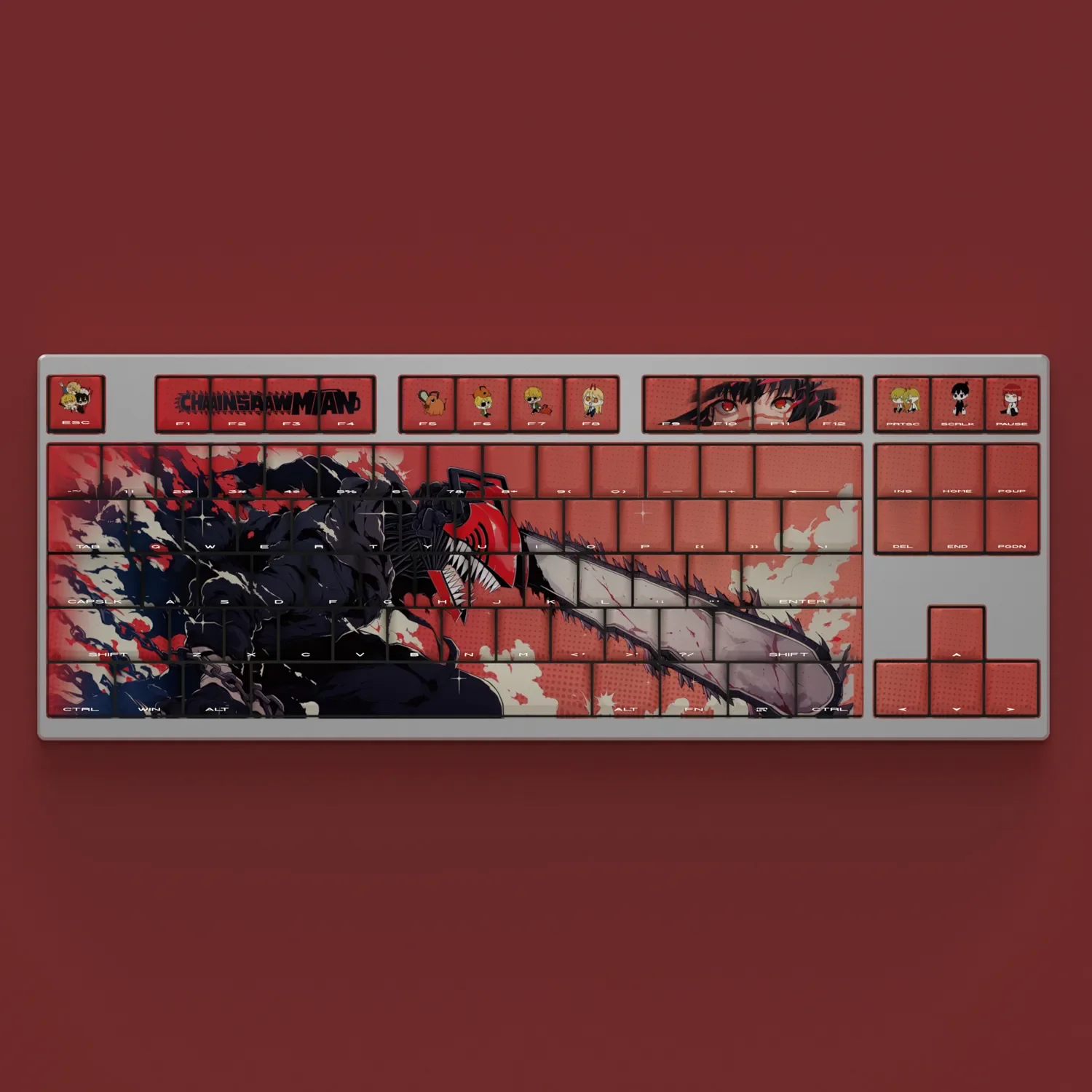 Vibrant Denji Keycap Setgallery: Chainsaw Man side-engraved translucent legends shine from various angles, enhancing custom mechanical keyboards.