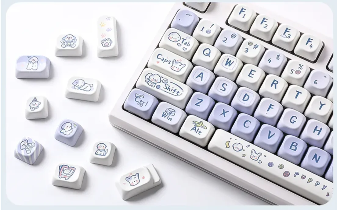 A playful Dog Keycap Set showcasing endearing cartoon dog characters on durable PBT dye-sub MOA profile keycaps from multiple angles.