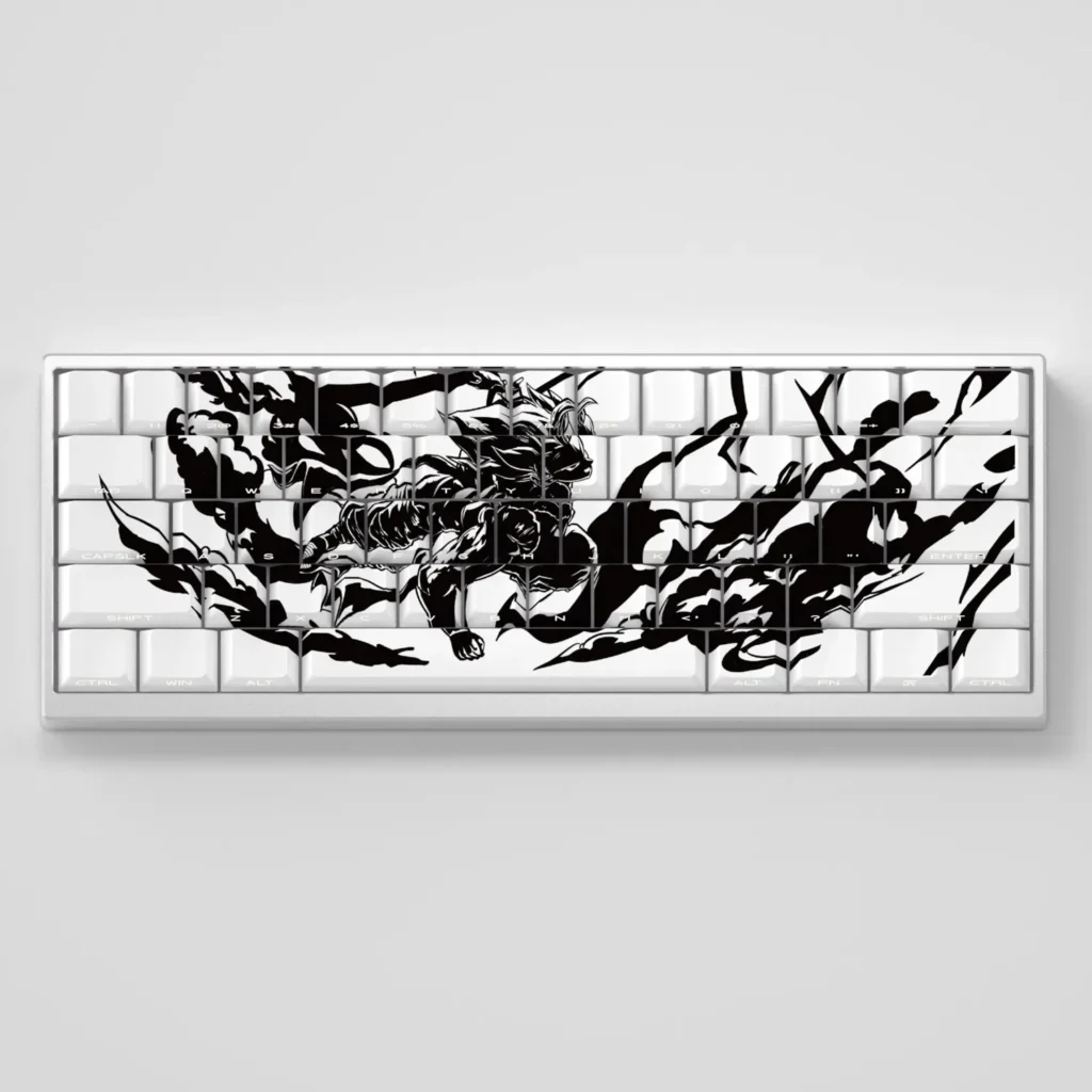 Vibrant Dragon Ball PBT keycaps set with side-lit legends glowing on an RGB mechanical keyboard, featuring iconic anime characters.