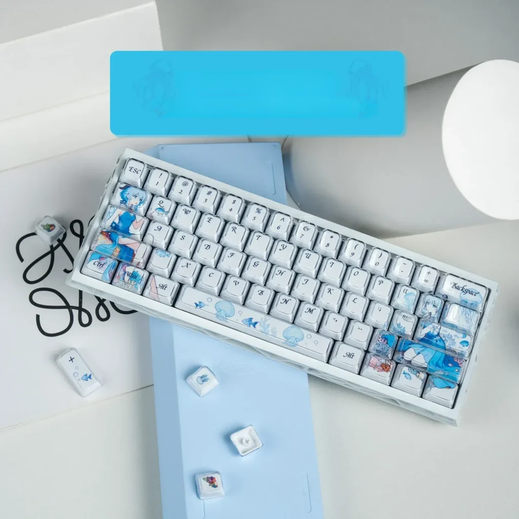Dreamy blue fantasy Keycaps Set for mechanical keyboards, featuring vibrant dye-sublimated ethereal characters and celestial motifs.