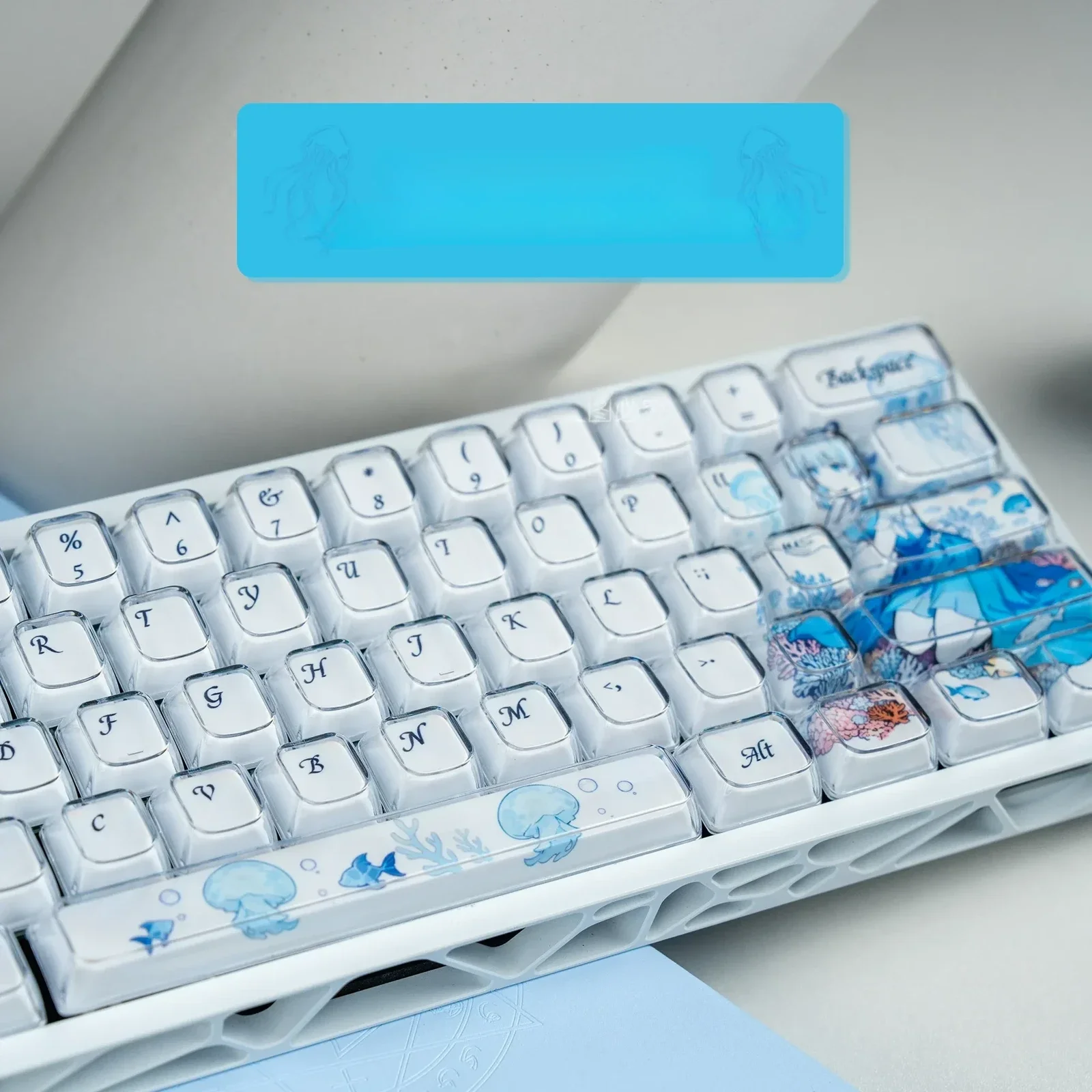 Gallery of vibrant Dreamy Blue Fantasy MDA Keycap Set, featuring dreamy blue fantasy characters and celestial motifs. Durable dye-sublimation for custom mechanical keyboard.