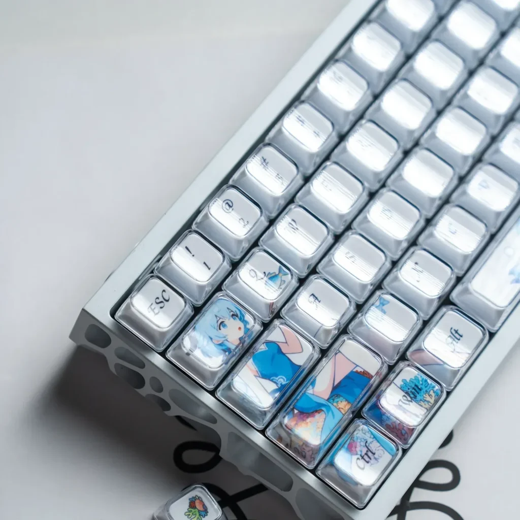 Dreamy Blue Fantasy MDA Keycap Set shown from various angles, featuring ethereal characters, celestial motifs, and vibrant dye-sublimated PBT design.