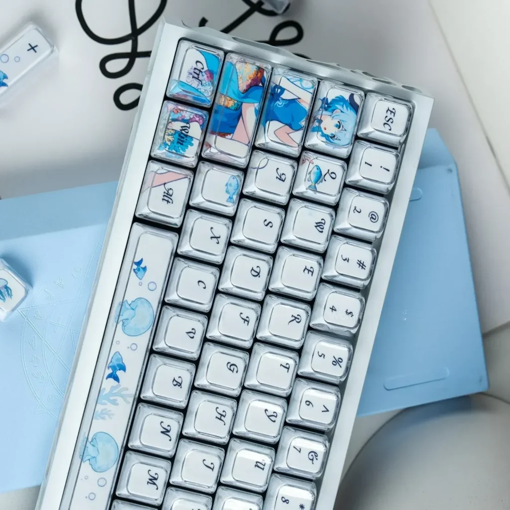 Dreamy Blue Fantasy MDA Keycap Set artistic gallery, showcasing vibrant dye-sublimated ethereal characters, celestial motifs, and durable PBT.