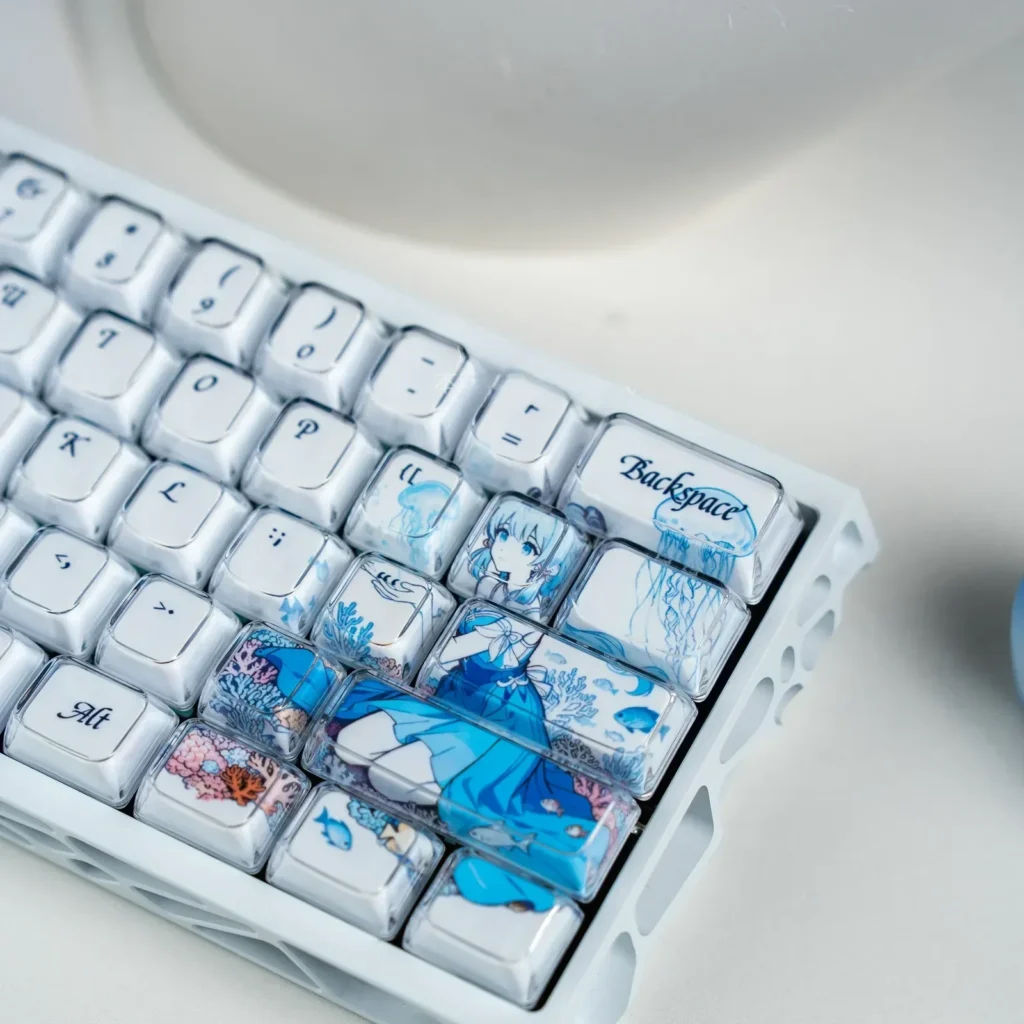 Dreamy Blue Fantasy MDA Keycap Set, displayed from various angles, highlighting vibrant dye-sublimation of ethereal characters and celestial design.