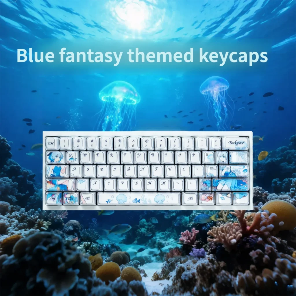 Dreamy Blue Fantasy MDA Keycap Set, durable dye-sublimation showcases ethereal characters and celestial motifs in vibrant hues.