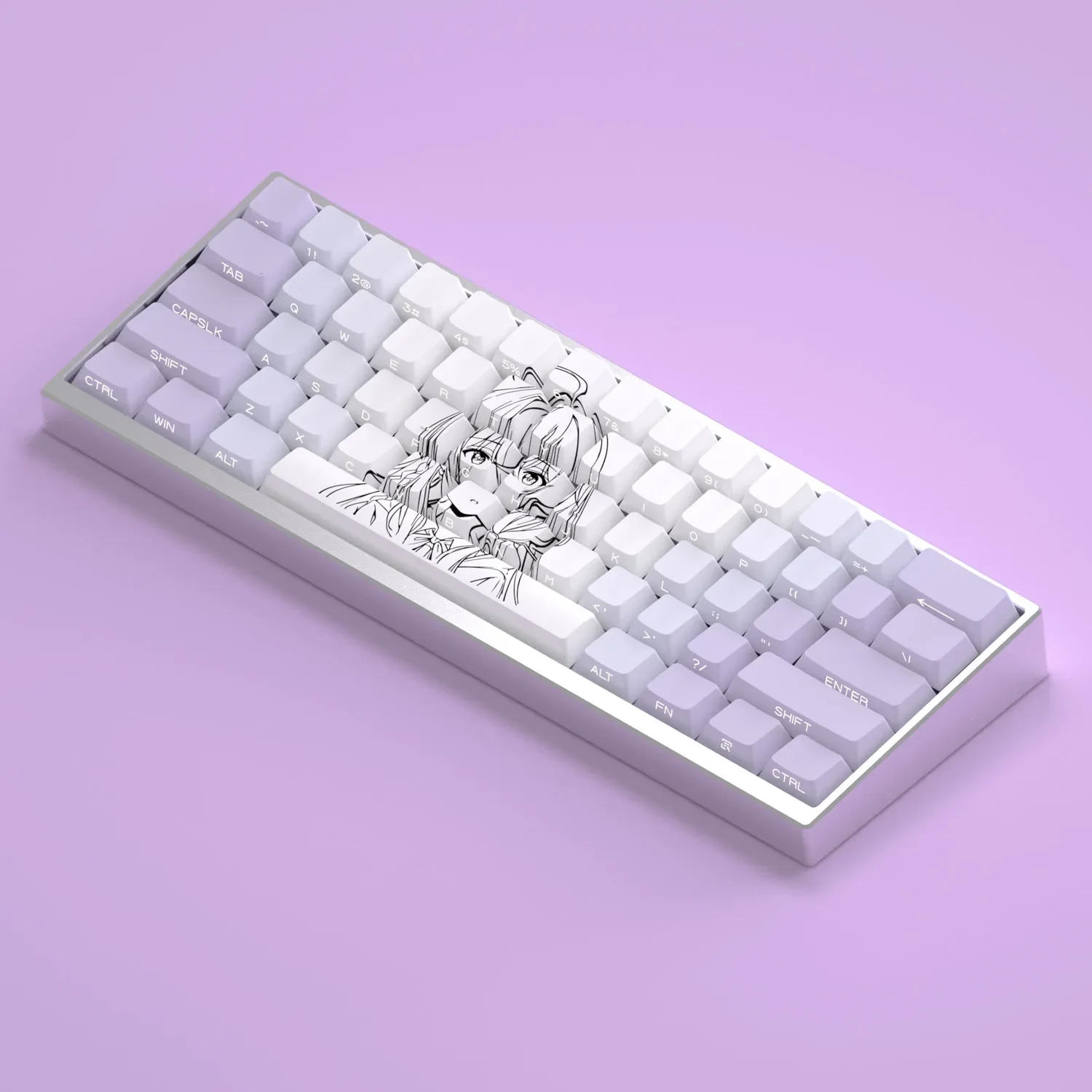Elaina anime PBT side-shine mechanical keycaps gallery. Whimsical character art and glowing legends from multiple angles, capturing the magical deisgn.