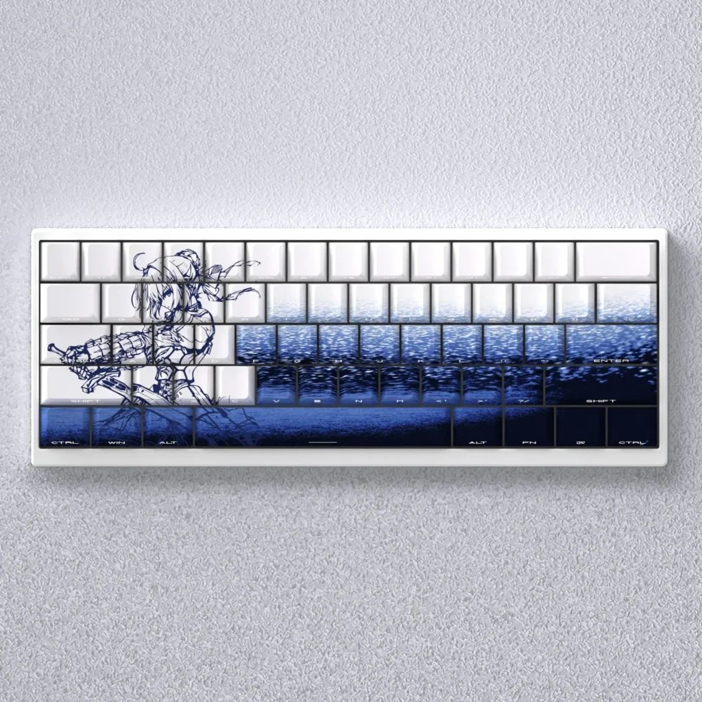 Saber Side-Print PBT Keycaps Set for mechanical keyboards, showcasing their sleek, minimalist design with crisp backlit legends and vibrant illumination.