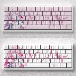 Elysia PBT Keycaps set displayed in an elegant white, minimalist aesthetic with unique front-printed legends. This premium PBT keycap set offers a gaming touch.