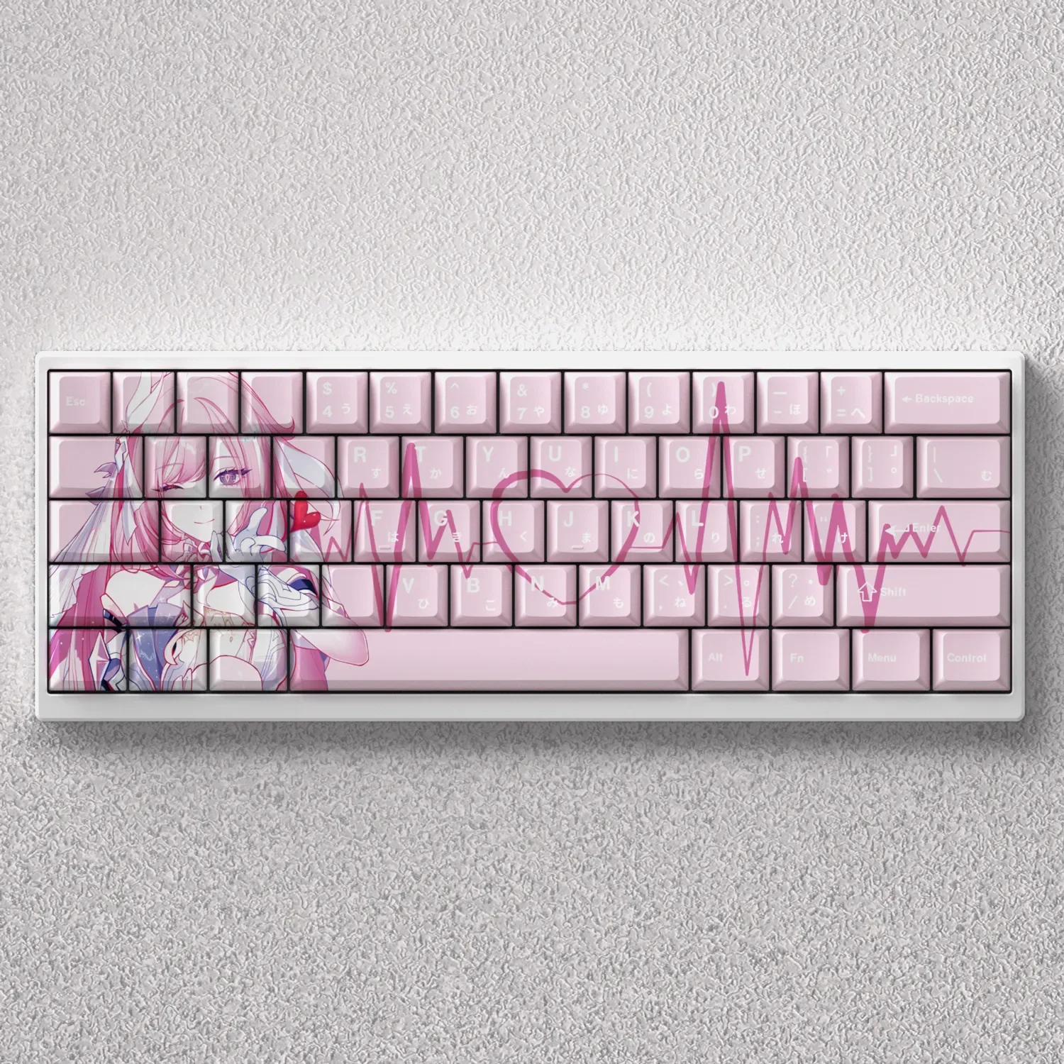 Elysia PBT Keycaps set in elegant white, front-printed OEM profile, shown from various angles. Premium PBT for a minimalist & ethereal keyboard.