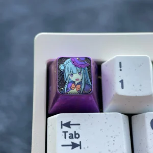 Emilia Titanium Keycap: Premium artisan custom metal keycap featuring an anime-inspired Emilia design with mystical Halloween elements in anodized design.
