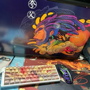 An exclusive five-sided dye-sublimated PBT artisan Kuafu keycap Set, brilliantly depicting the golden mythological hero mid-chase towards the setting.