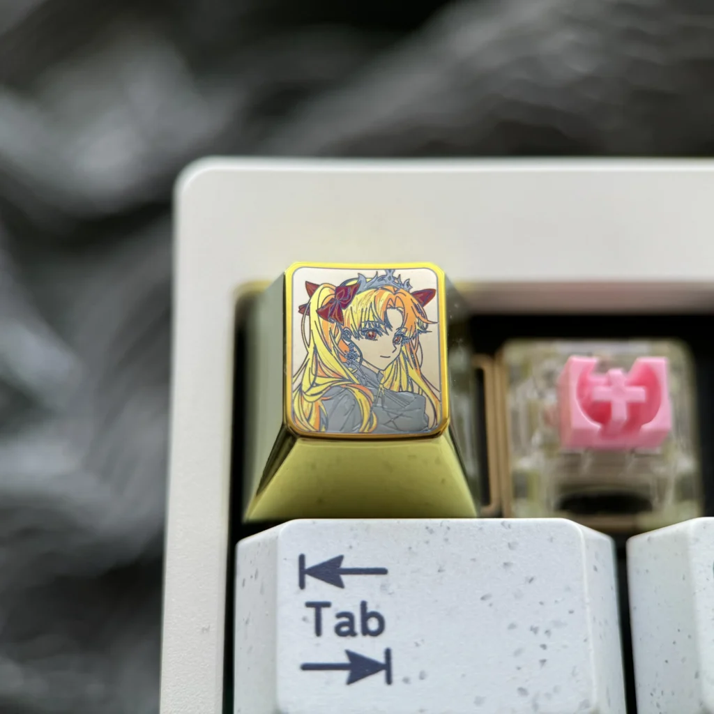 Premium Ereshkigal Keycap crafted from mystical titanium alloy, showcasing intricate anime motifs in vibrant, iridescent colors for custom gaming setup.