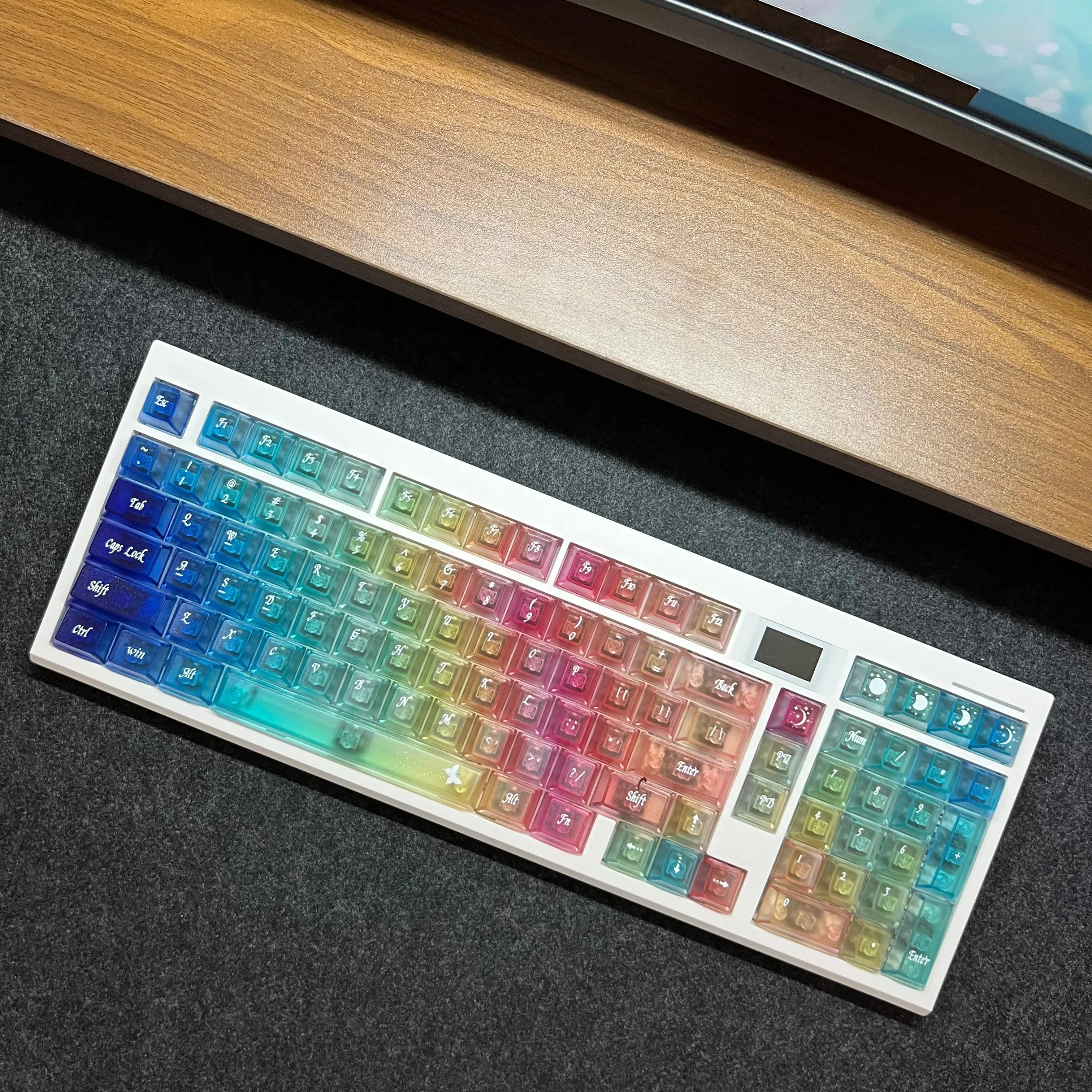 Ethereal Frosted Butterfly Keycaps set gallery. View delicate PC butterflies in vibrant hues, showcasing the dreamlike glow and unique light.