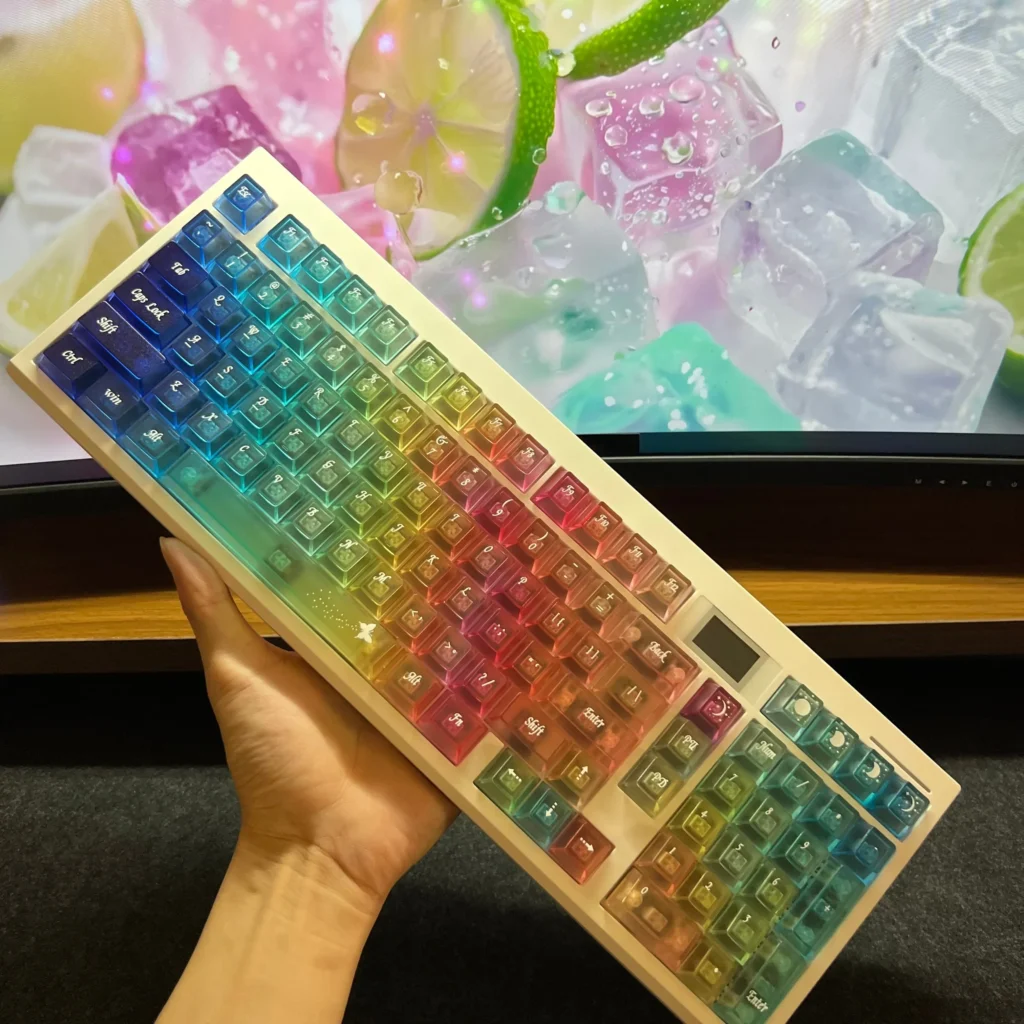 Ethereal Frosted Butterfly Keycaps set main image, showcasing delicate frosted PC butterfly designs glowing with vibrant hues and a dreamlike light