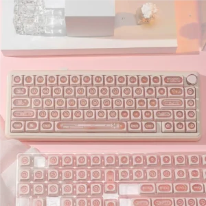 Ethereal pink keycap set are meticulously displayed from multiple angles, revealing their luminous PBT cat's eye effect and mystical gemstone.