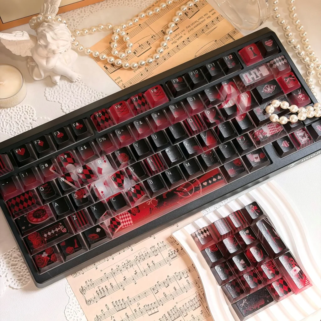 Ethereal translucent Lost Alice Keycaps set for mechanical keyboards, showcasing dreamy frosted effects and an ambient glow.