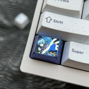 Premium anodized titanium anime keycap with an ethereal firefly glow, featuring vibrant, intricate metallic designs. An artisan keyboard cap.