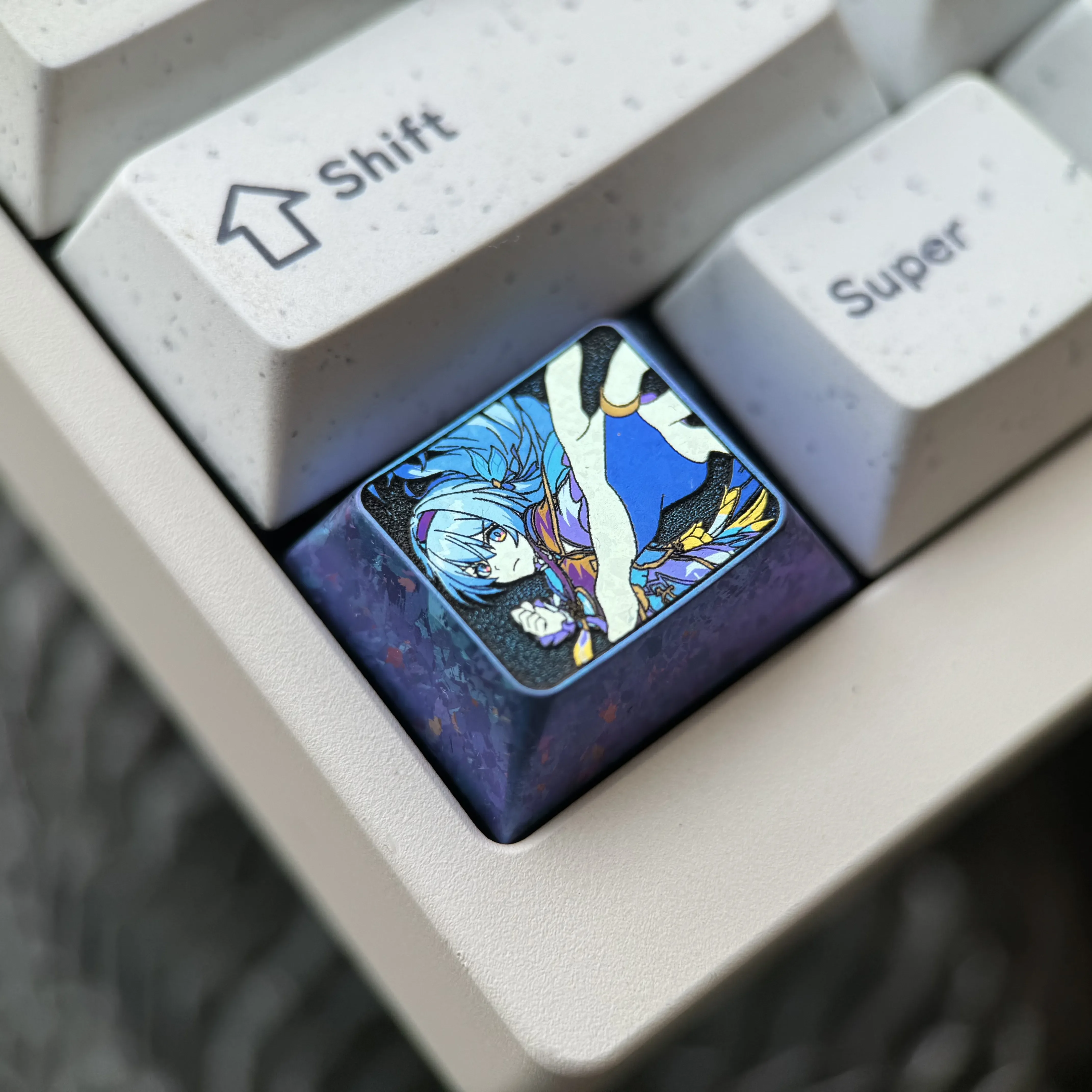 Gallery showcasing the premium anodized Firefly Titanium Anime Keycap, highlighting its ethereal firefly glow, vibrant colors, and intricate metallic design.