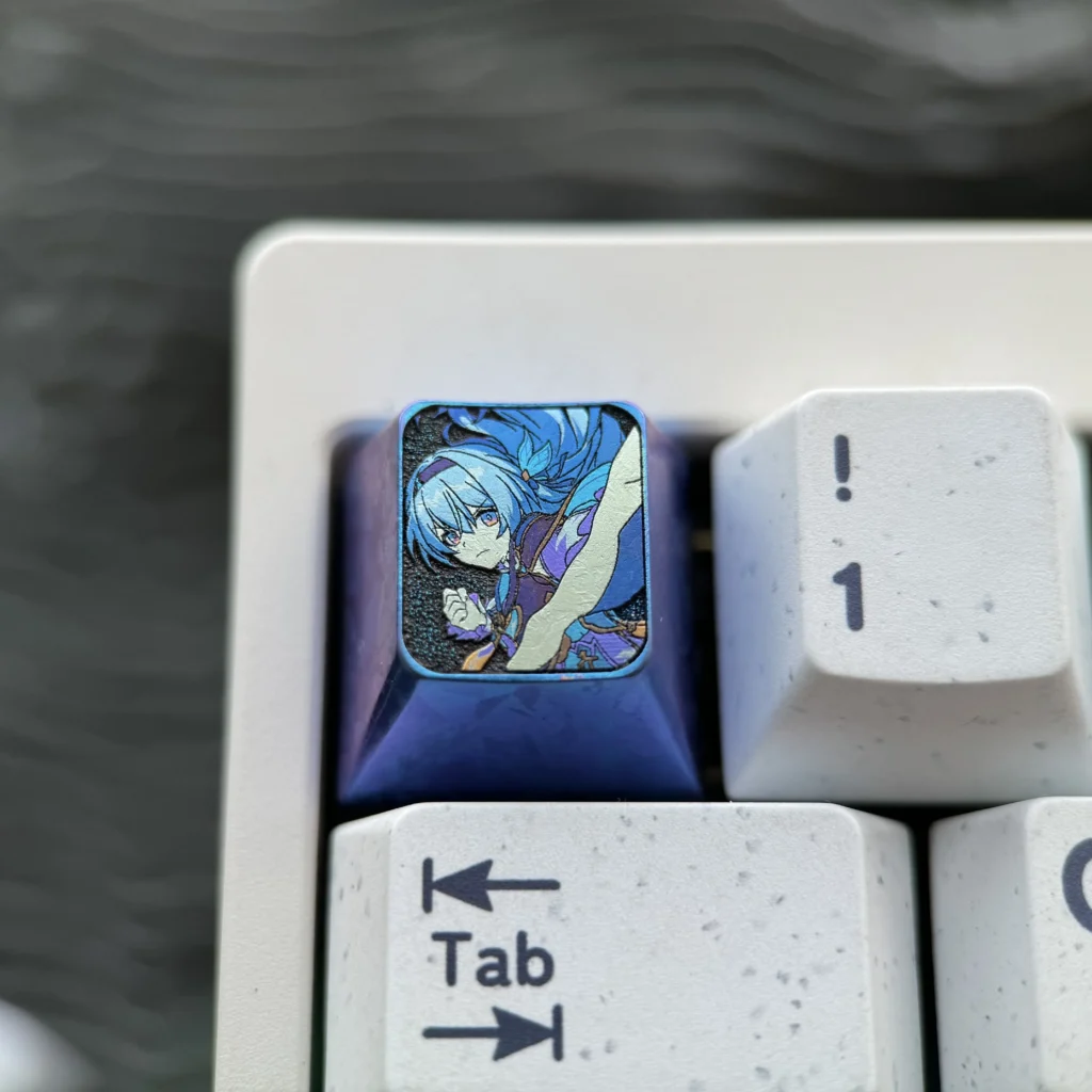 Multiple angles of the premium anodized firefly titanium anime artisan keycap, featuring intricate metallic designs and an ethereal firefly glow.