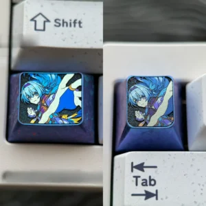 Ethereal firefly glow titanium anime keycaps, premium anodized artisan keyboard setup with vibrant colors and intricate metallic design ideal for artistry lover.