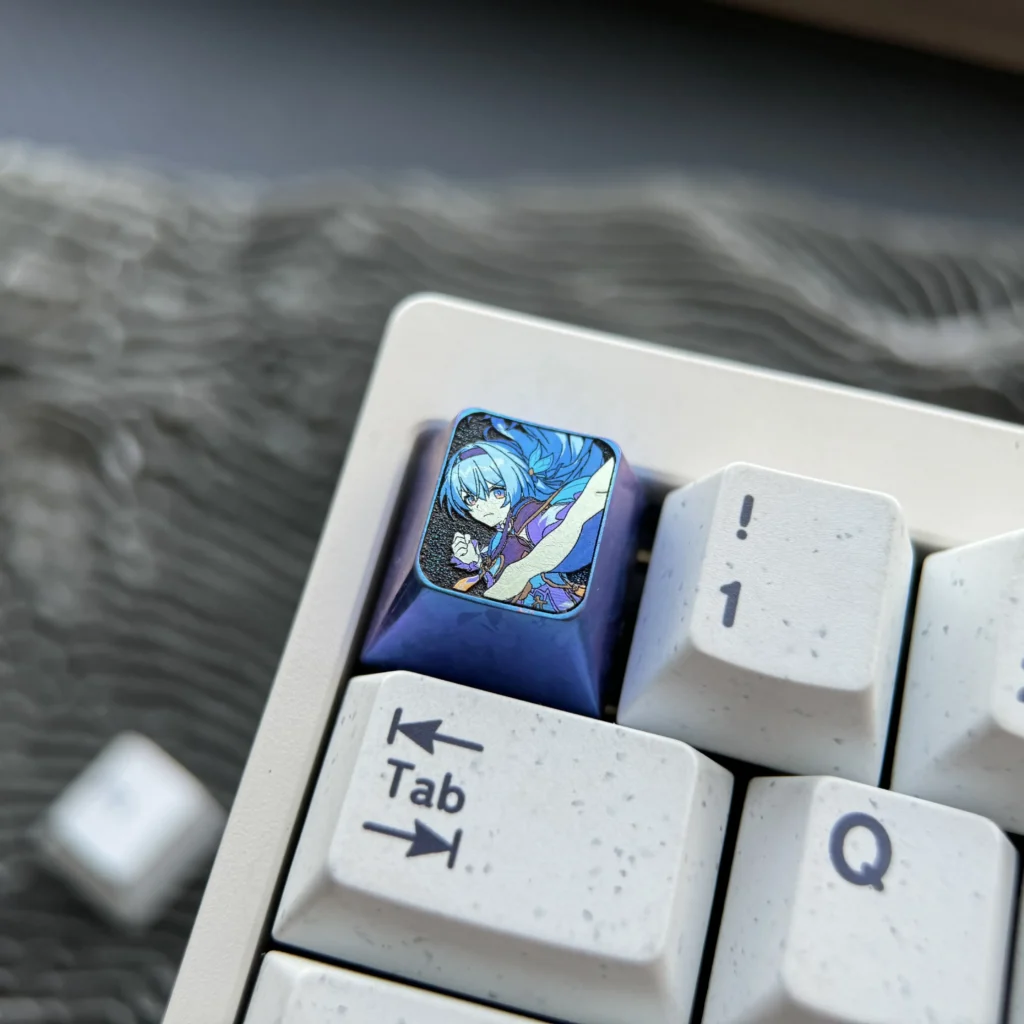 Vibrant ethereal firefly glow on a premium anodized titanium anime keycap, showcasing intricate artisan metallic designs for a unique keyboard cap.
