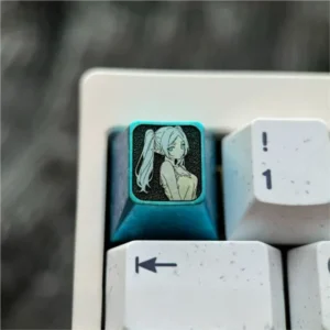 Frieren titanium keycap, an ethereal ice crystal blue masterpiece crafted from premium titanium alloy, shines with magical world aesthetics.