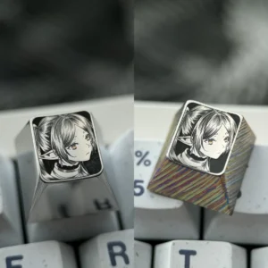 Stunning hand-sculpted Frieren keycap crafted from titanium, showcasing precision anime art and intricate stippling on a mirror finish.