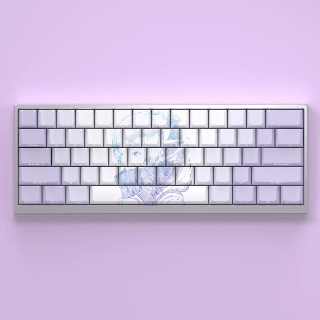 Exclusive Frieren side-lit keycaps set displayed elegantly, showcasing luminous anime art and side-engraved legends for a premium gaming experience.
