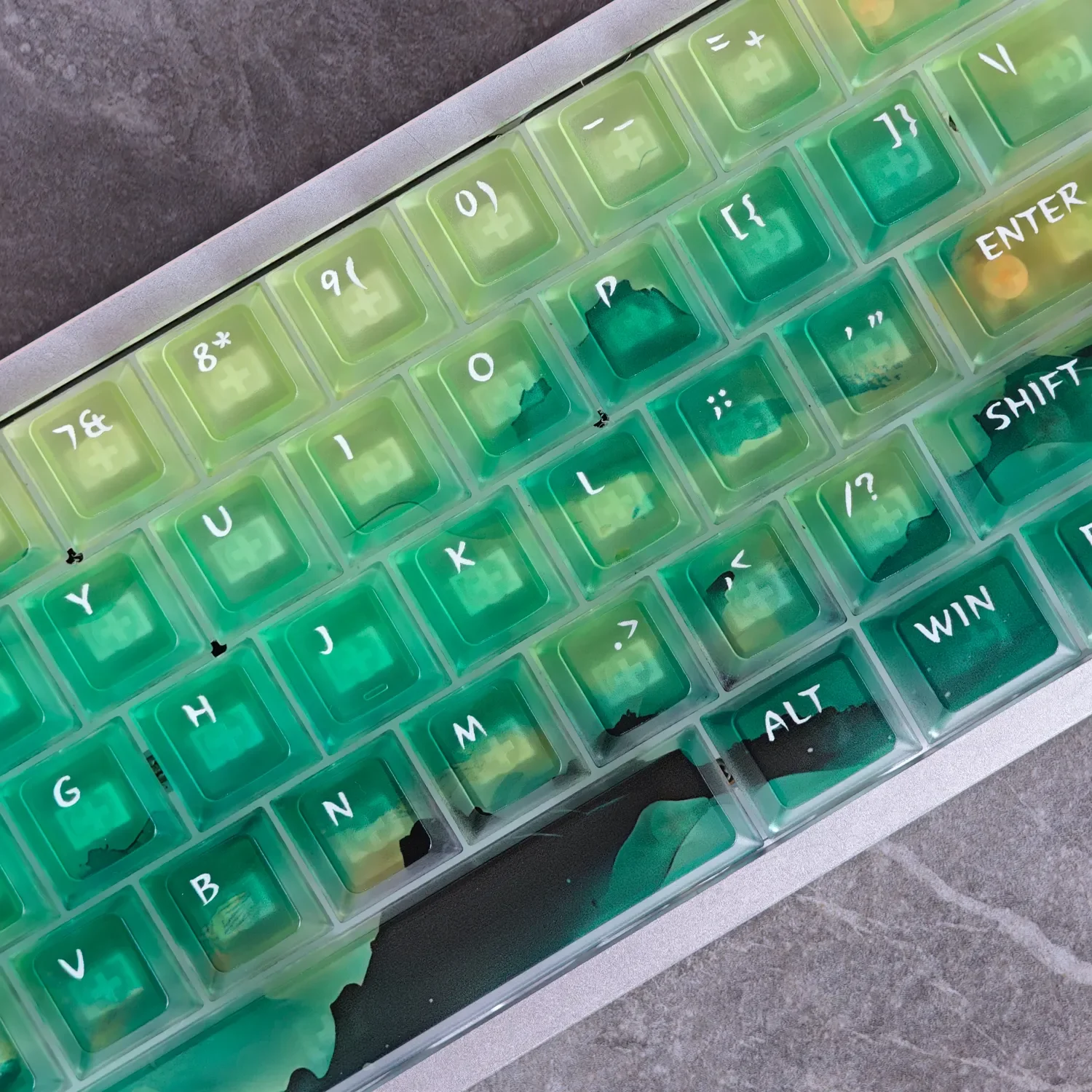 Ethereal Frosted PC Keycaps set from multiple angles, highlighting the translucent glow and misty light diffusion of this modern, premium 115-key